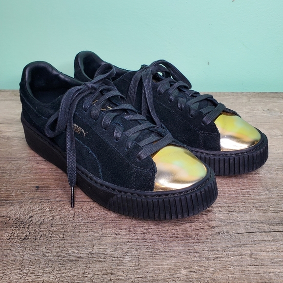 Puma Gold Toe Black Suede Platform Sneakers - Picture 8 of 9